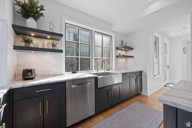 bar with recessed lighting, dishwasher, a sink, light wood finished floors, and backsplash