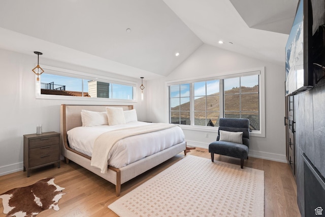 bedroom featuring light wood-type flooring, baseboards, vaulted ceiling, and recessed lighting