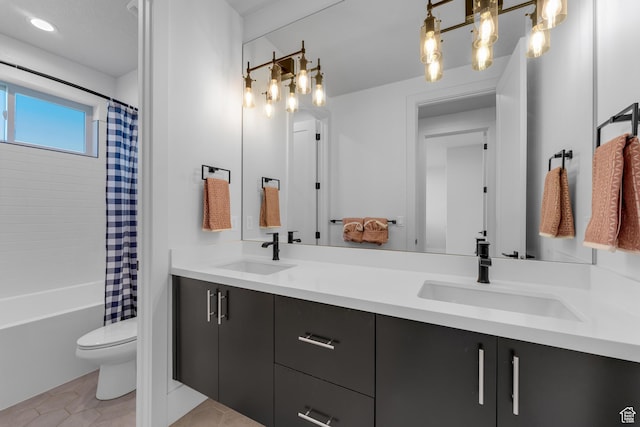3131 E Lindsay Spring Rd, Heber City, UT 84032 - full bathroom with double vanity, shower / bath combination with curtain, a sink, and toilet