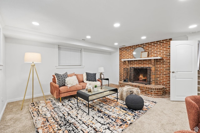 living area with recessed lighting, carpet, a fireplace, and baseboards