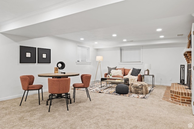 living room featuring light colored carpet, baseboards, visible vents, and recessed lighting