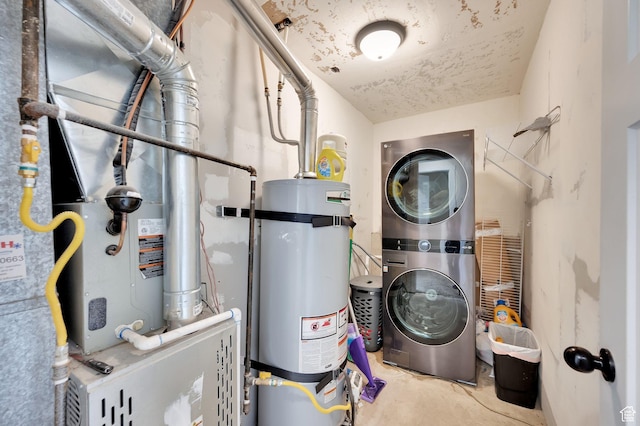 utility room featuring stacked washer / dryer and secured water heater
