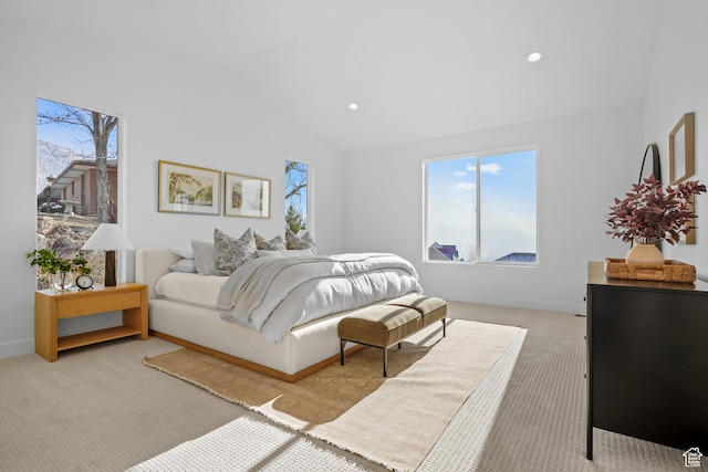 bedroom with recessed lighting, vaulted ceiling, and light carpet