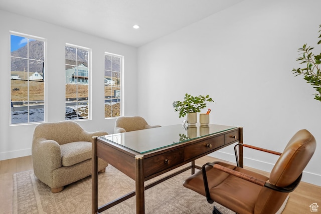 office area with baseboards, recessed lighting, and wood finished floors