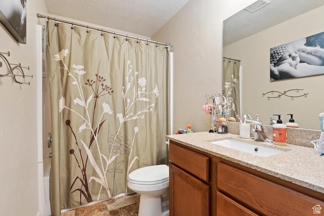 6761 S High Bluff Dr W, West Jordan, UT 84084 - bathroom with vanity, shower / bath combo, a textured ceiling, toilet, and visible vents