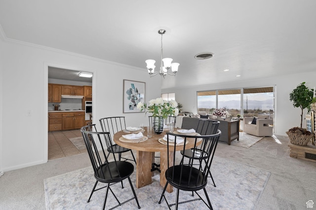 3481 S 3530 E, Salt Lake City, UT 84109 - dining area with crown molding, visible vents, a chandelier, and light carpet