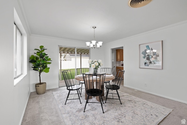 3481 S 3530 E, Salt Lake City, UT 84109 - carpeted dining space with crown molding, an inviting chandelier, baseboards, and visible vents