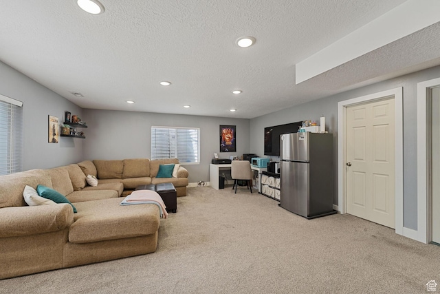 4687 E Jordan Way, Eagle Mountain, UT 84005 - living area featuring visible vents, baseboards, a textured ceiling, recessed lighting, and light carpet
