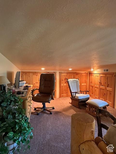 playroom featuring visible vents, carpet, and a textured ceiling