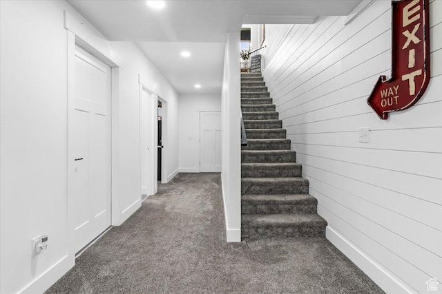 140 S 100 E, Wales, UT 84667 - staircase featuring wood walls, baseboards, carpet, and recessed lighting