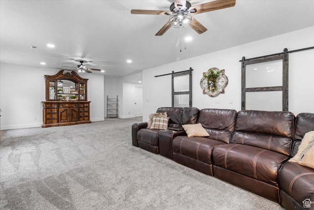 140 S 100 E, Wales, UT 84667 - living area with carpet flooring, recessed lighting, a ceiling fan, and a barn door