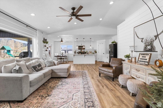 140 S 100 E, Wales, UT 84667 - living area with recessed lighting, lofted ceiling, light wood-style flooring, and ceiling fan