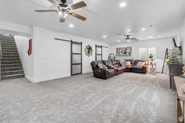 140 S 100 E, Wales, UT 84667 - living room featuring a barn door, a ceiling fan, carpet, recessed lighting, and stairway