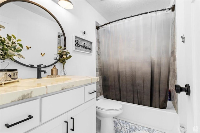 140 S 100 E, Wales, UT 84667 - full bathroom with a textured ceiling, vanity, tile patterned flooring, toilet, and shower / tub combo with curtain