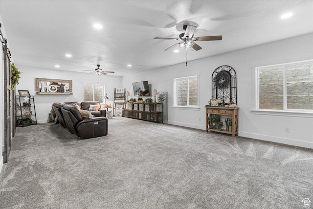 140 S 100 E, Wales, UT 84667 - carpeted living area with ceiling fan, plenty of natural light, and recessed lighting