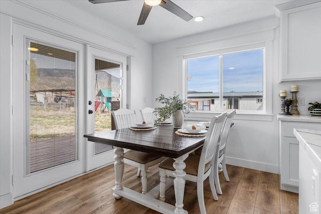 140 S 100 E, Wales, UT 84667 - dining room with recessed lighting, light wood-style flooring, a ceiling fan, and a healthy amount of sunlight