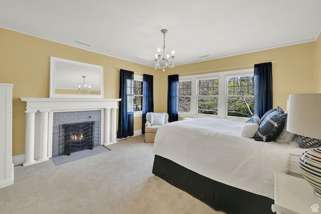 1401 E Sigsbee Ave, Salt Lake City, UT 84103 - carpeted bedroom featuring ornamental molding, multiple windows, a chandelier, and a fireplace with flush hearth