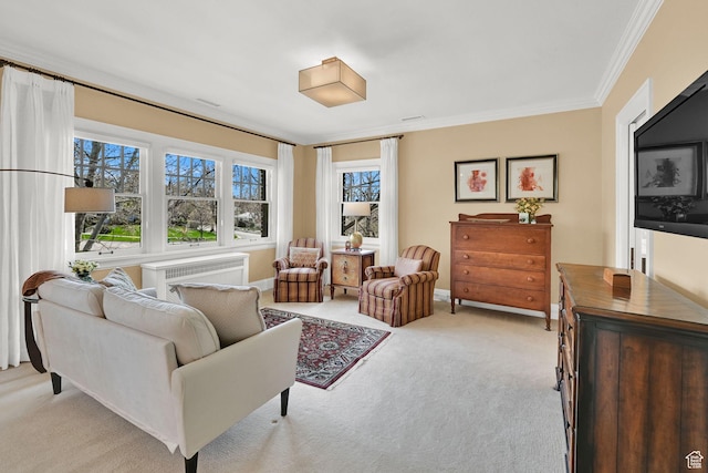 1401 E Sigsbee Ave, Salt Lake City, UT 84103 - living area with light carpet, radiator, and ornamental molding