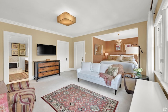 1401 E Sigsbee Ave, Salt Lake City, UT 84103 - bedroom featuring light carpet, a notable chandelier, and ornamental molding