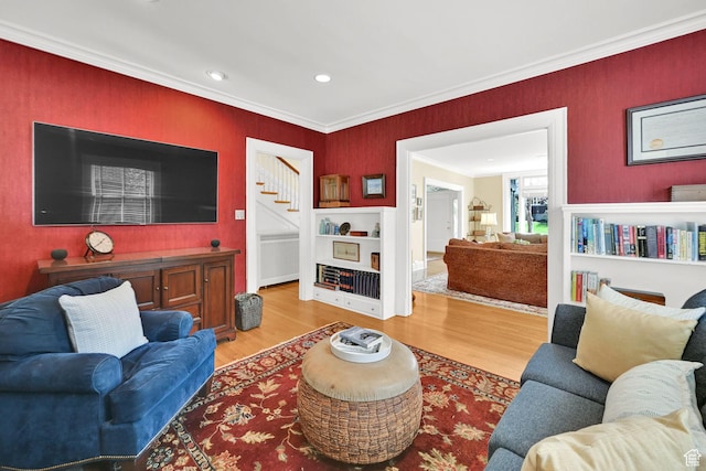 1401 E Sigsbee Ave, Salt Lake City, UT 84103 - living area featuring recessed lighting, stairway, crown molding, and wood finished floors