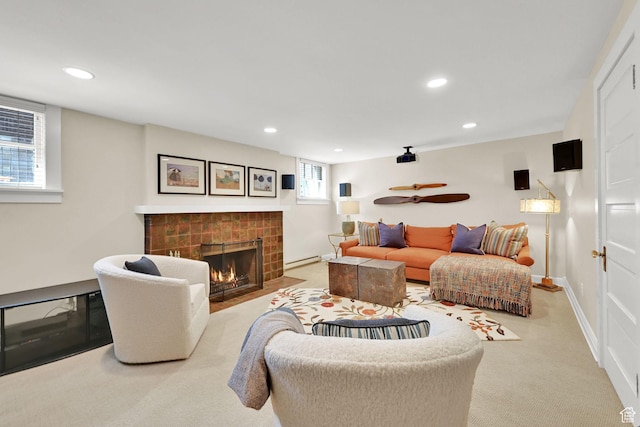 1401 E Sigsbee Ave, Salt Lake City, UT 84103 - carpeted living room featuring a baseboard heating unit, a fireplace, baseboards, and recessed lighting