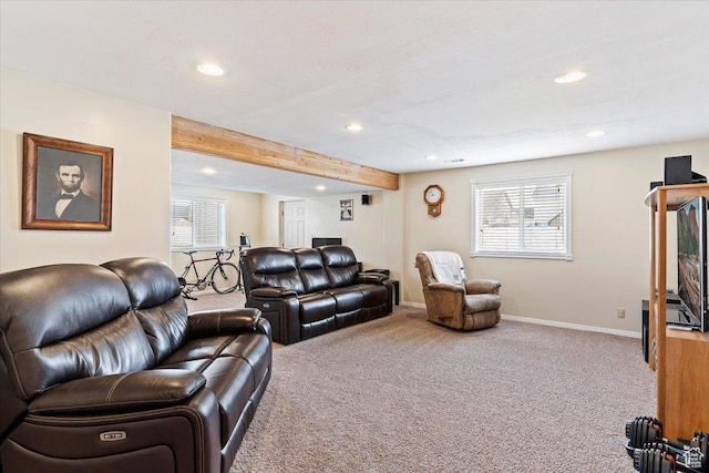 carpeted living area featuring beamed ceiling, baseboards, a wealth of natural light, and recessed lighting