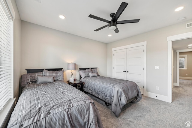 11285 N Shoreline Ct, Hideout, UT 84036 - bedroom featuring a closet, visible vents, recessed lighting, light carpet, and baseboards