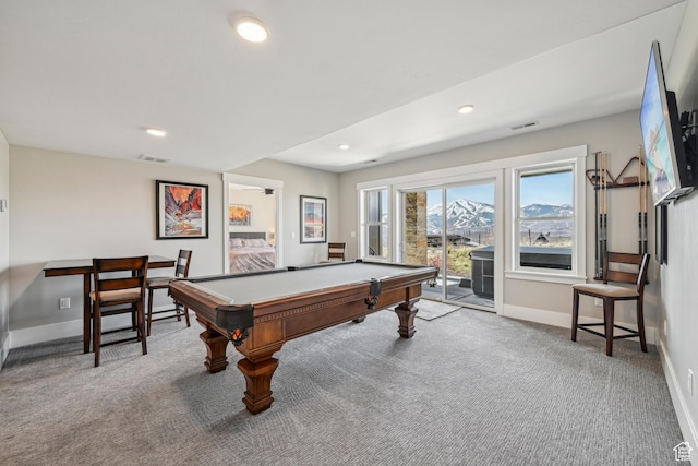 11285 N Shoreline Ct, Hideout, UT 84036 - playroom featuring pool table, visible vents, recessed lighting, carpet flooring, and baseboards