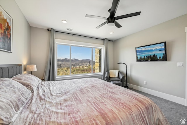 11285 N Shoreline Ct, Hideout, UT 84036 - bedroom with baseboards, recessed lighting, carpet flooring, visible vents, and ceiling fan