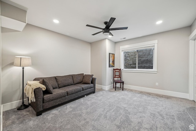 11285 N Shoreline Ct, Hideout, UT 84036 - carpeted living room featuring baseboards, a ceiling fan, visible vents, and recessed lighting