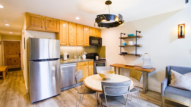 1530 Empire Ave Unit 302, Park City, UT 84060 - kitchen with tasteful backsplash, recessed lighting, appliances with stainless steel finishes, a sink, and light wood finished floors