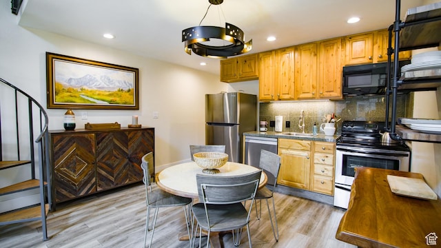 1530 Empire Ave Unit 302, Park City, UT 84060 - kitchen with tasteful backsplash, recessed lighting, appliances with stainless steel finishes, a sink, and light wood finished floors