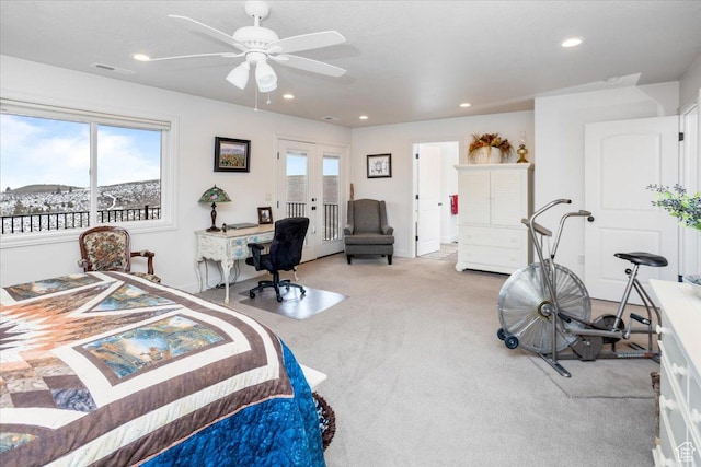 1510 S Mahogany Dr, Garden City, UT 84028 - carpeted bedroom featuring visible vents, ceiling fan, recessed lighting, french doors, and access to outside