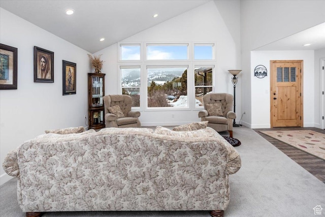 1510 S Mahogany Dr, Garden City, UT 84028 - carpeted living room with baseboards, recessed lighting, and vaulted ceiling