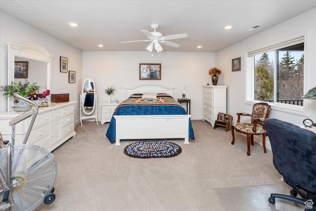 1510 S Mahogany Dr, Garden City, UT 84028 - bedroom featuring light carpet, ceiling fan, visible vents, and recessed lighting