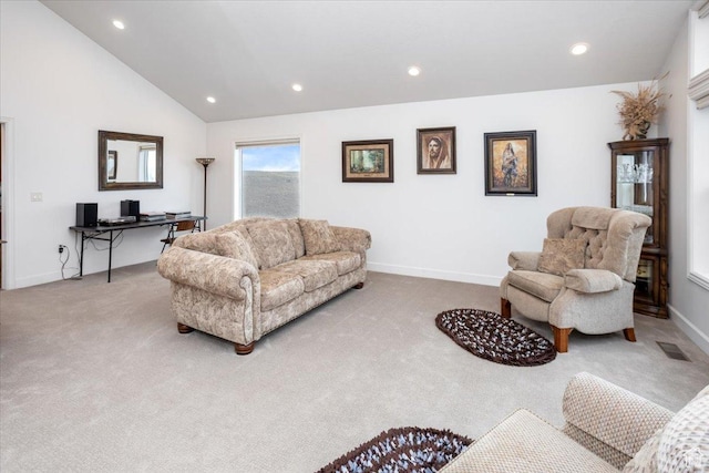 1510 S Mahogany Dr, Garden City, UT 84028 - carpeted living area with visible vents, baseboards, recessed lighting, and vaulted ceiling