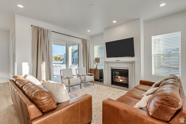 1919 S Sawmill Blvd E, Heber City, UT 84032 - living room featuring recessed lighting, a glass covered fireplace, and wood finished floors