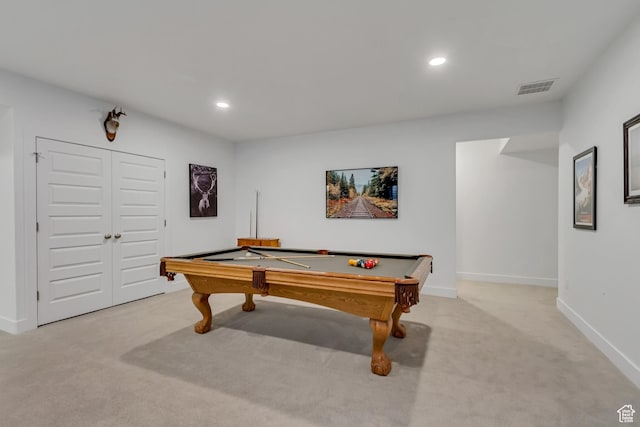 1919 S Sawmill Blvd E, Heber City, UT 84032 - rec room with visible vents, baseboards, billiards, recessed lighting, and light colored carpet