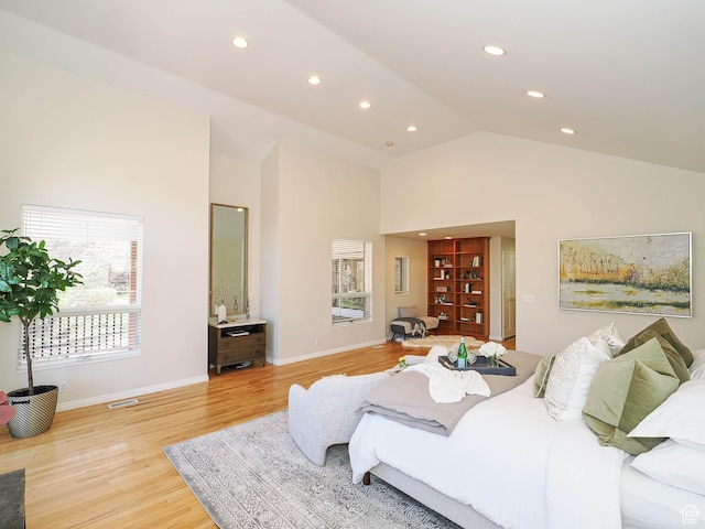2463 E Michigan Ave S, Salt Lake City, UT 84108 - bedroom featuring recessed lighting, light wood-type flooring, high vaulted ceiling, and baseboards