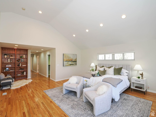 2463 E Michigan Ave S, Salt Lake City, UT 84108 - bedroom featuring light wood-type flooring, recessed lighting, high vaulted ceiling, and baseboards
