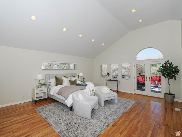 2463 E Michigan Ave S, Salt Lake City, UT 84108 - bedroom with access to exterior, high vaulted ceiling, recessed lighting, light wood-style floors, and baseboards