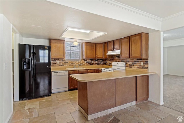 1202 E Mutton Hollow Rd, Kaysville, UT 84037 - kitchen featuring a sink, light countertops, white appliances, under cabinet range hood, and brown cabinetry