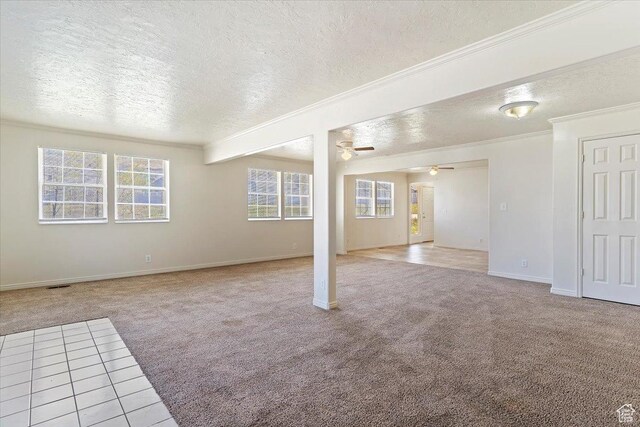 1202 E Mutton Hollow Rd, Kaysville, UT 84037 - basement with light carpet, a textured ceiling, ornamental molding, and ceiling fan