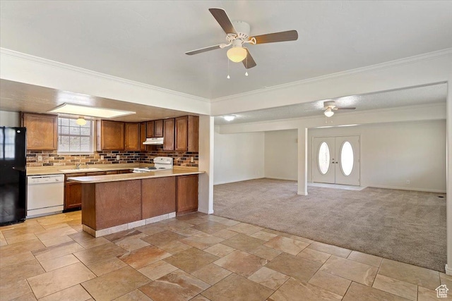 1202 E Mutton Hollow Rd, Kaysville, UT 84037 - kitchen with white appliances, light carpet, under cabinet range hood, light countertops, and open floor plan