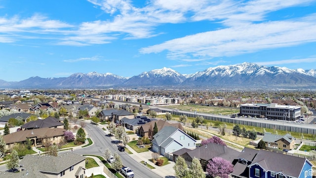 aerial view featuring a residential view and a mountain view