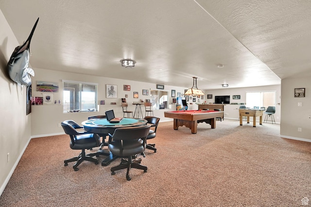 playroom with a textured ceiling, light colored carpet, baseboards, and billiards