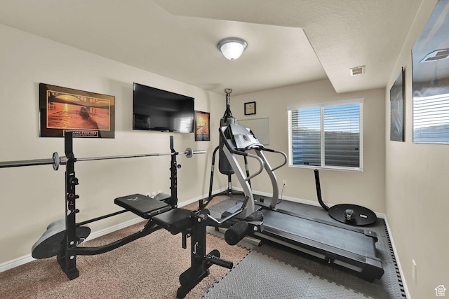 exercise room featuring visible vents, baseboards, and carpet