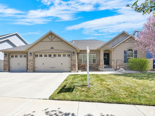 11173 S Hampton Way W, South Jordan, UT 84009 - view of front of house featuring stone siding, an attached garage, stucco siding, and a front lawn