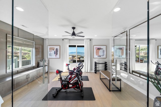1026 W Chokecherry Dr Unit 135, Mapleton, UT 84664 - workout room featuring light wood-style floors, a ceiling fan, and recessed lighting