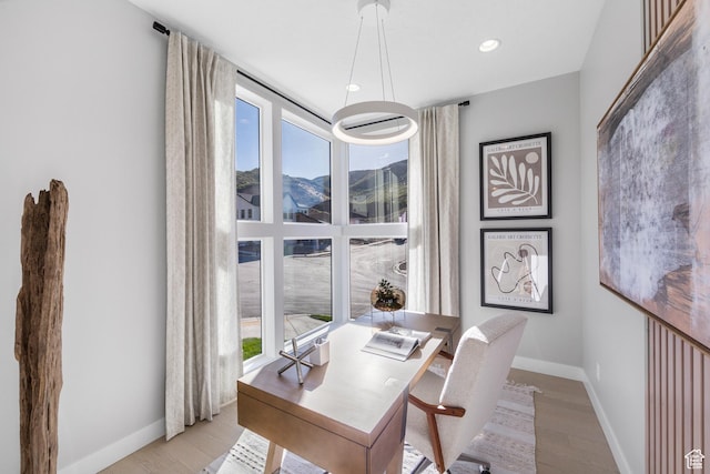 1026 W Chokecherry Dr Unit 135, Mapleton, UT 84664 - home office with light wood-style flooring, a mountain view, and recessed lighting